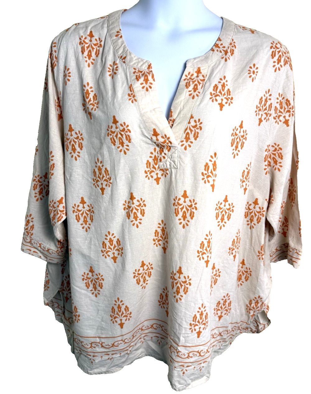 Tahari Linen Block Print Tunic Blouse Orange Beige 3XL Boho Floral Cottagecor